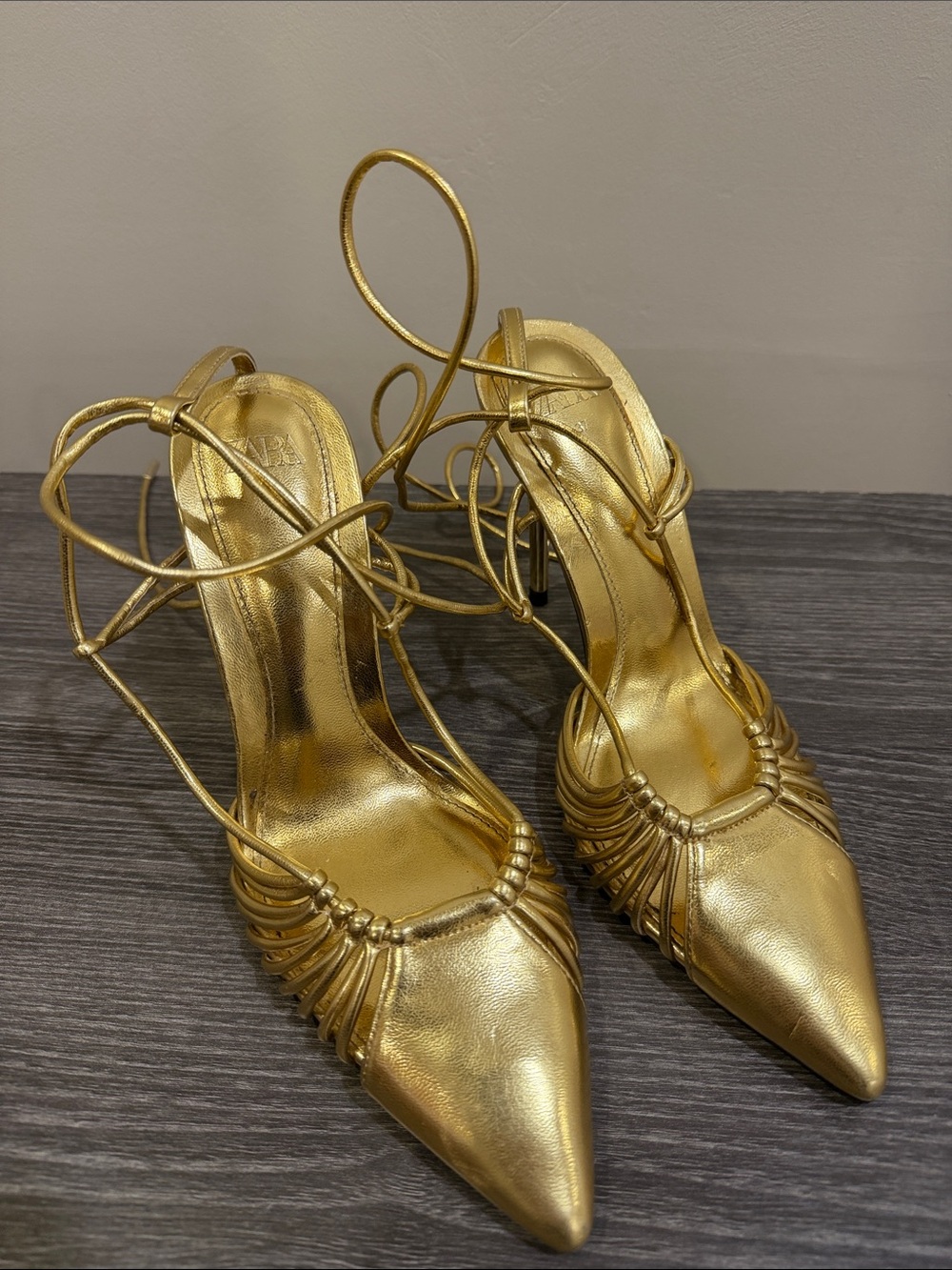 Zara Metallic Gold Lace-Up Pointed-Toe Heels. Size 37 worn once